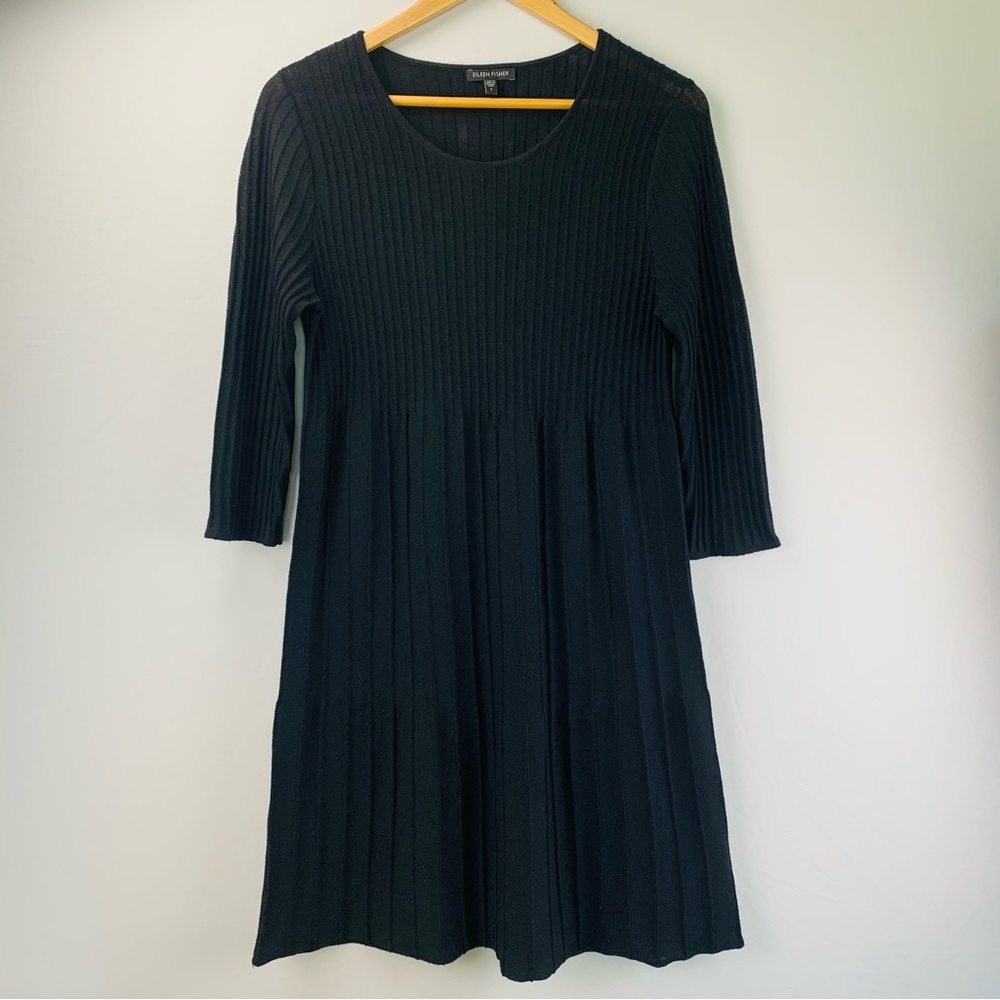 Eileen Fisher Wool Scoop Neck Pleated Ribbed Fit Flare 7/8 Sleeve Dress Black - Picture 2 of 11